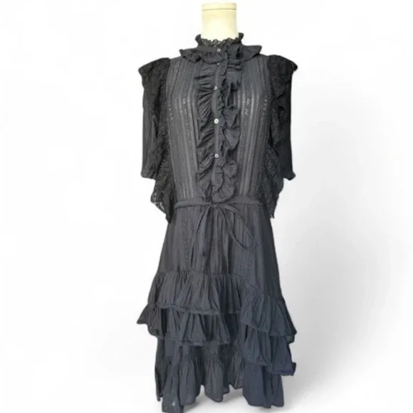 Zadig & Voltaire Ranky Ruffle Lace Trim Dress Noir Witchy Gothic Size XS - Picture 3 of 10